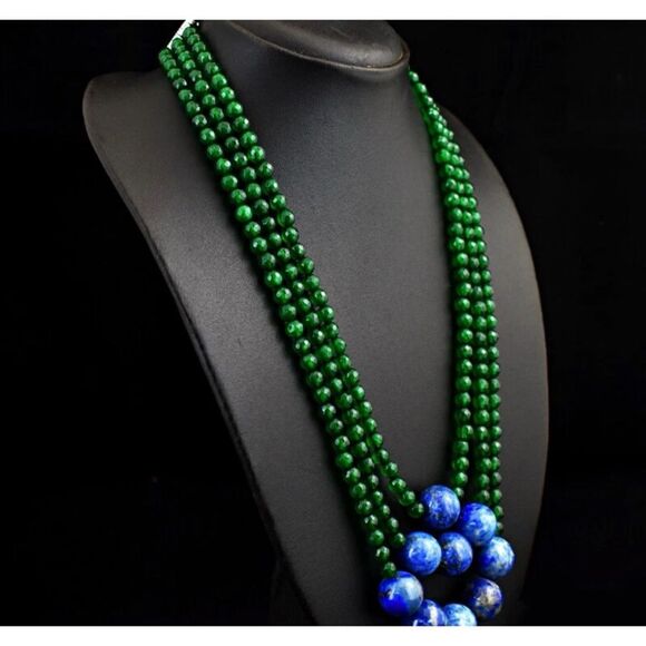 Vintage Natural 3 Strand Onyx / Lapis Lazurel Round Beads Necklace - Picture 4 of 9